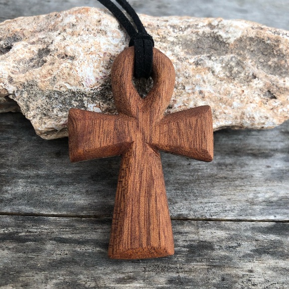 Hand-Carved Mahogany Wooden Ankh Necklace - Picture 6 of 10